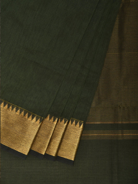 Dark Green Mangalgiri Cotton Handloom Plain Saree with Strips Pallu Design No Blouse mn0142