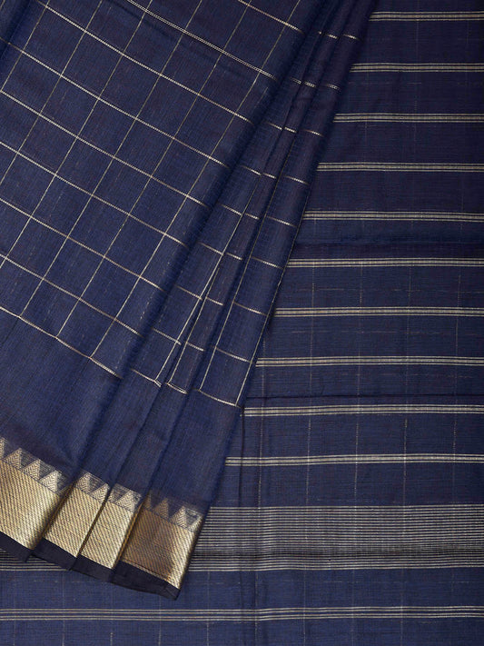 Navy Mangalgiri Cotton Viscose Saree with Checks Design mn0146