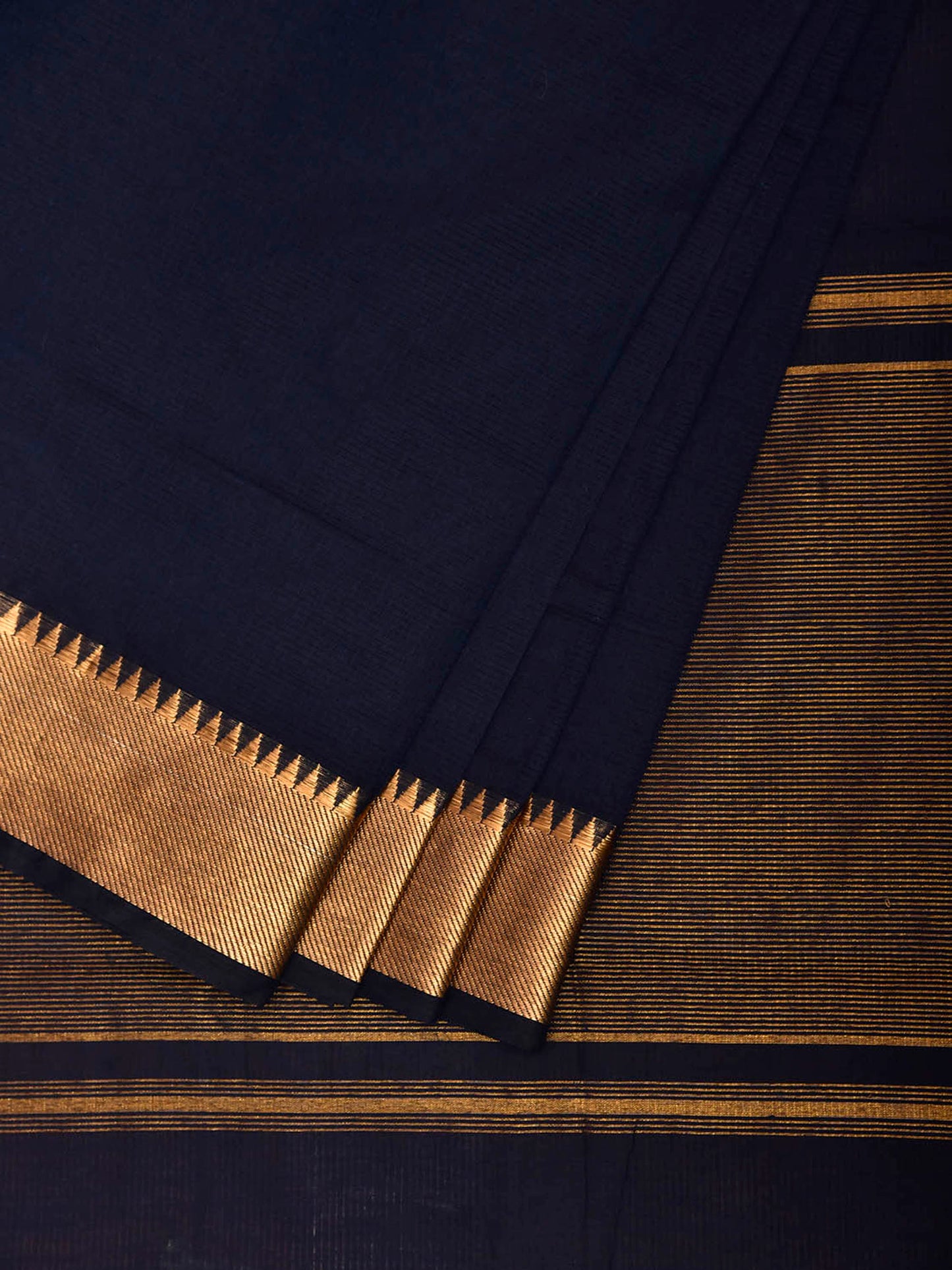 Navy Mangalgiri Cotton Handloom Plain Saree with Strips Pallu Design No Blouse mn0148