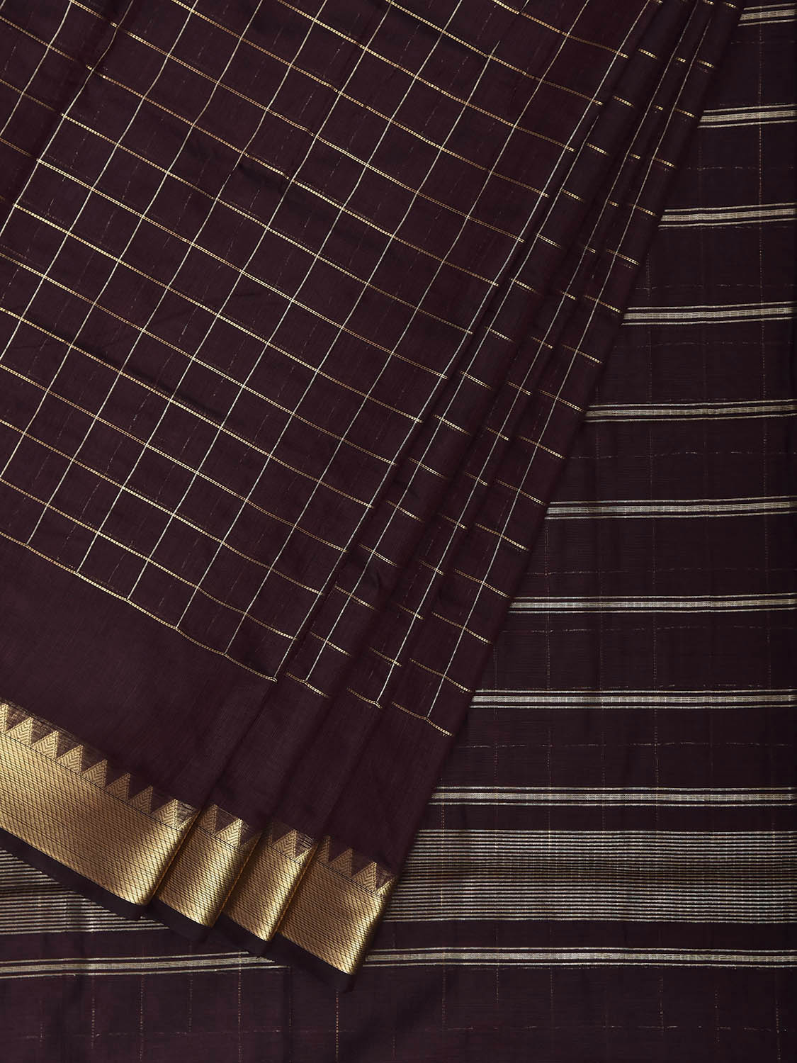 Dark Brown Mangalgiri Cotton Viscose Saree with Big Checks Design mn0150