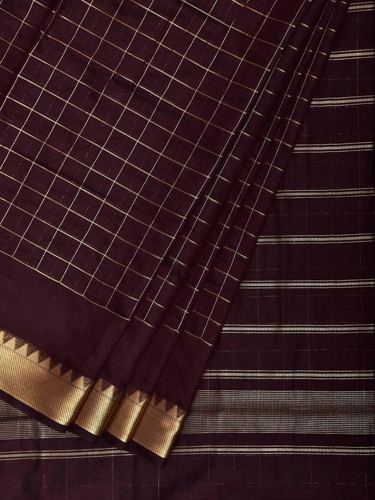 Dark Brown Mangalgiri Cotton Viscose Saree with Big Checks Design mn0150