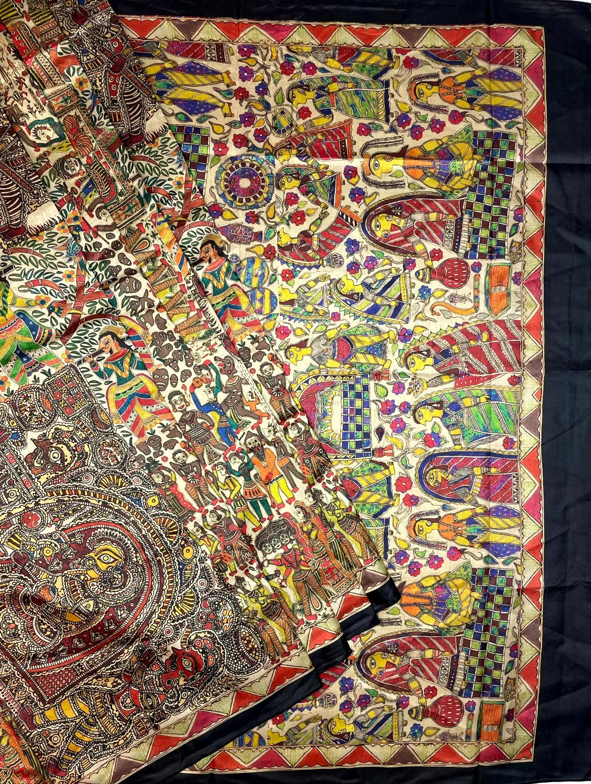 Multi Colour Black Border Madhubani Digital Printed Saree with Figures Design pr0068ap