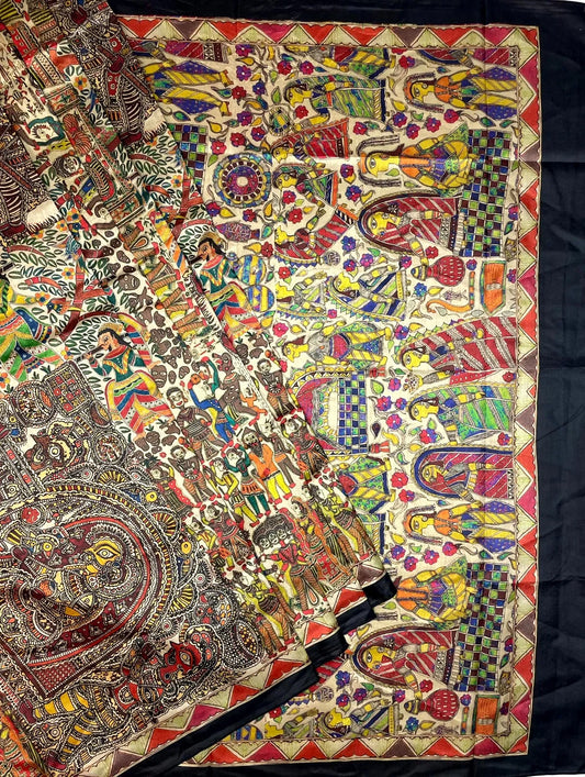 Multi Colour Black Border Madhubani Digital Printed Saree with Figures Design pr0068ap