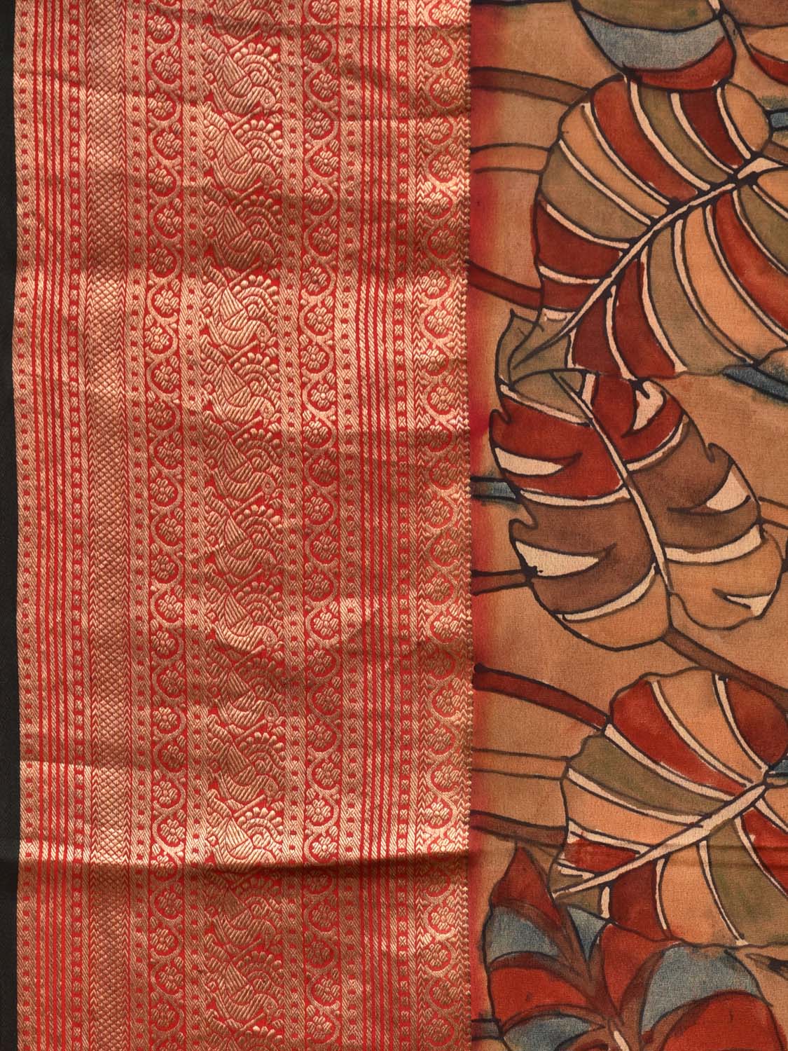 Multicolor Kalamkari Hand Painted Banaras Heavy Crepe Saree with Leaves Design KL0719