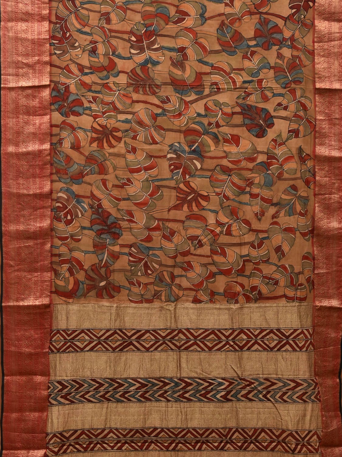 Multicolor Kalamkari Hand Painted Banaras Heavy Crepe Saree with Leaves Design KL0719