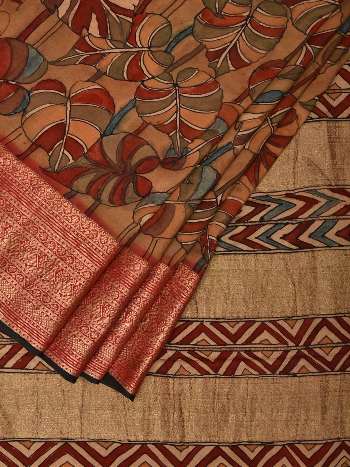 Multicolor Kalamkari Hand Painted Banaras Heavy Crepe Saree with Leaves Design KL0719