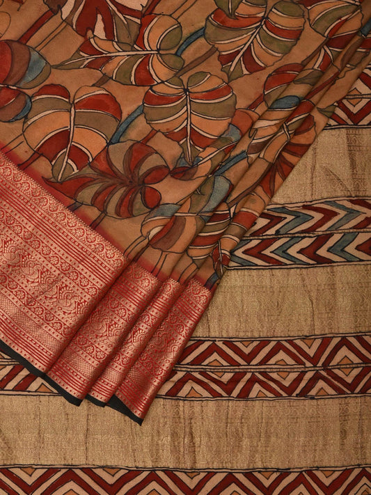 Multicolor Kalamkari Hand Painted Banaras Heavy Crepe Saree with Leaves Design KL0719