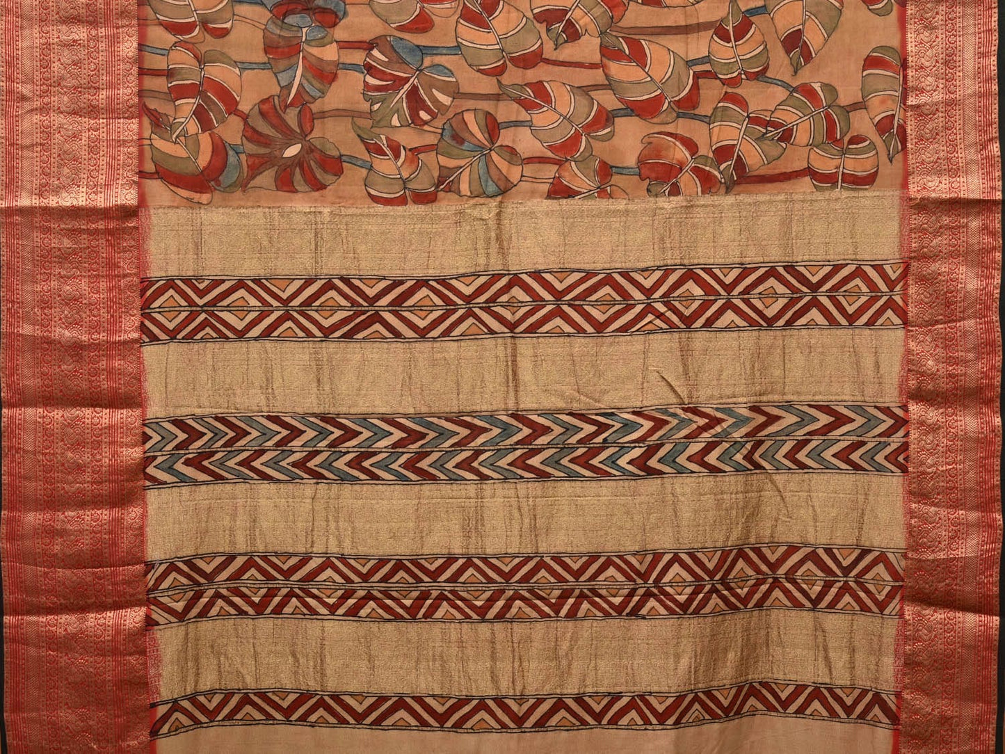 Multicolor Kalamkari Hand Painted Banaras Heavy Crepe Saree with Leaves Design KL0719