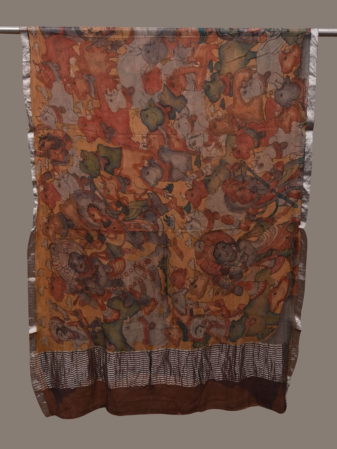 Multicolor Kalamkari Hand Painted Chiffon Dupatta with Krishna Leela and Zari Border Design ds2791