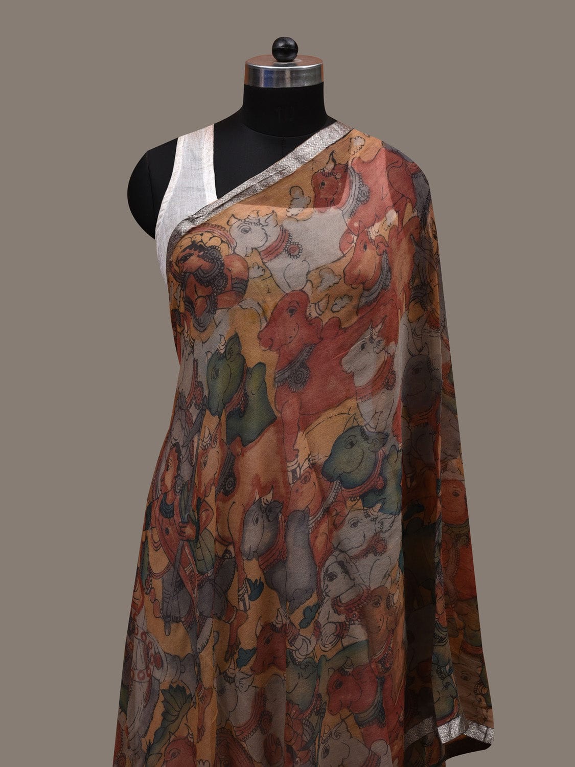 Multicolor Kalamkari Hand Painted Chiffon Dupatta with Krishna Leela and Zari Border Design ds2791