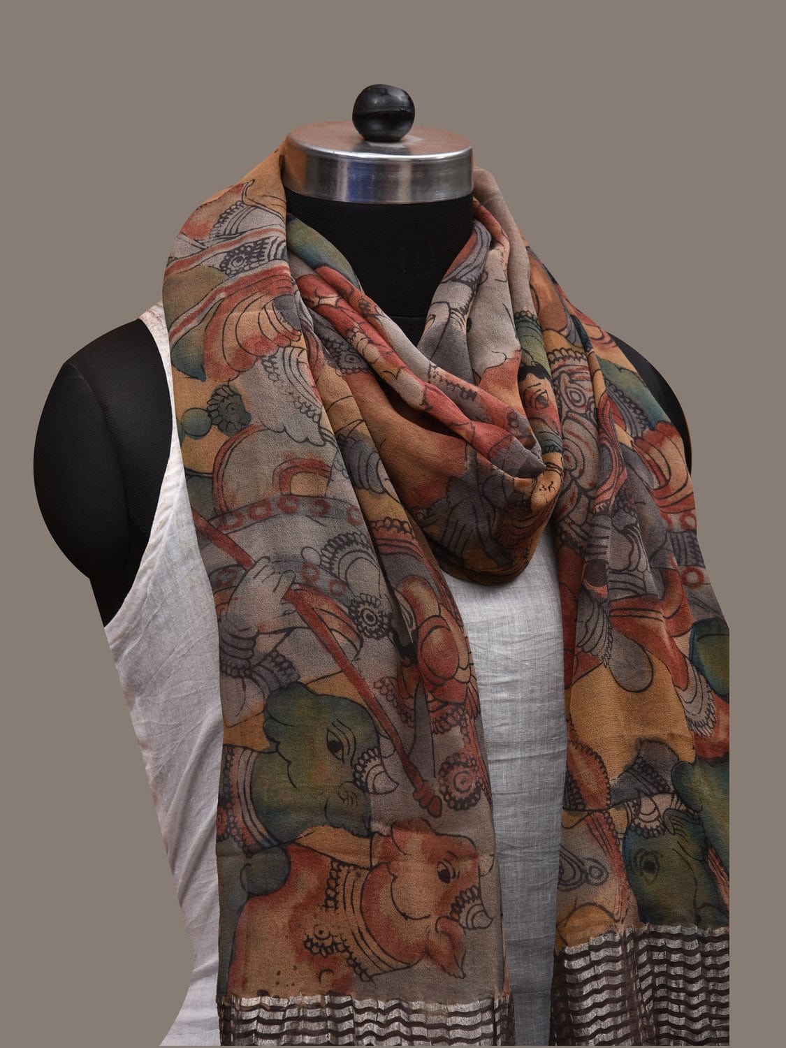 Multicolor Kalamkari Hand Painted Chiffon Dupatta with Krishna Leela and Zari Border Design ds2791