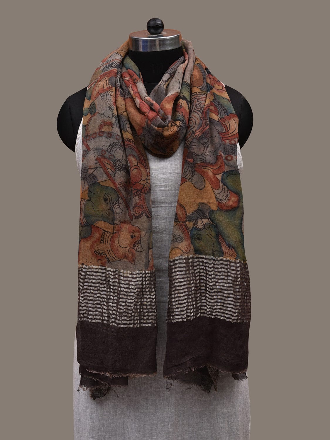 Multicolor Kalamkari Hand Painted Chiffon Dupatta with Krishna Leela and Zari Border Design ds2791