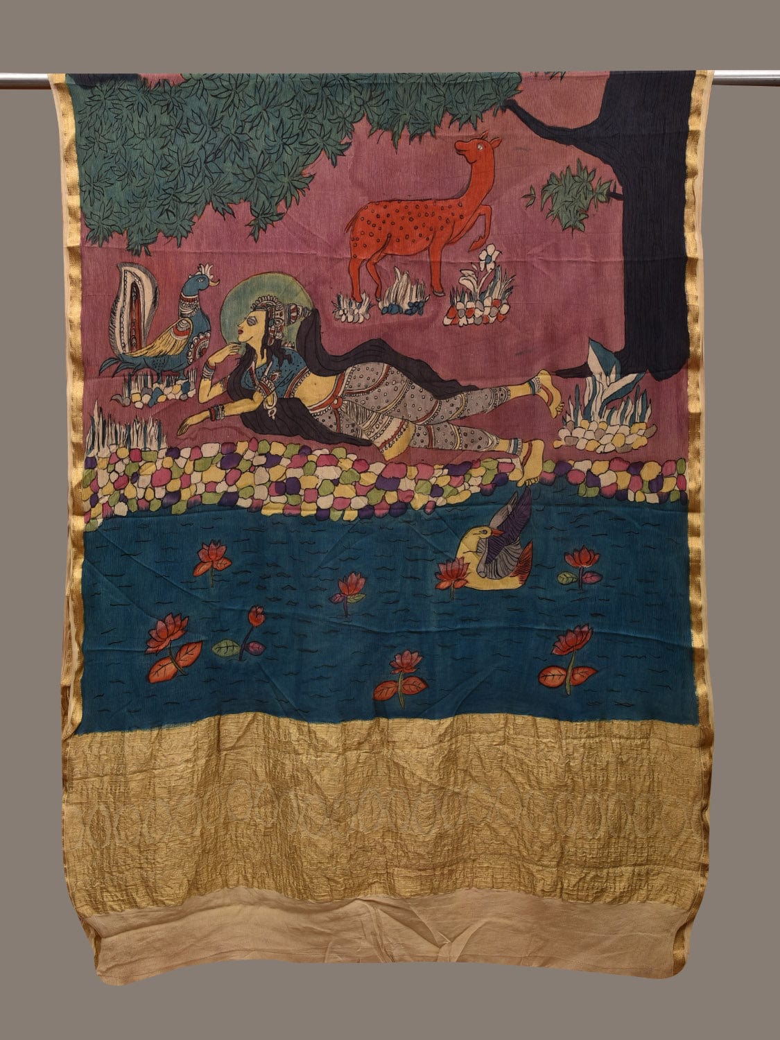 Multicolor Kalamkari Hand Painted Chiffon Dupatta with Lady by the Pond Design ds2925