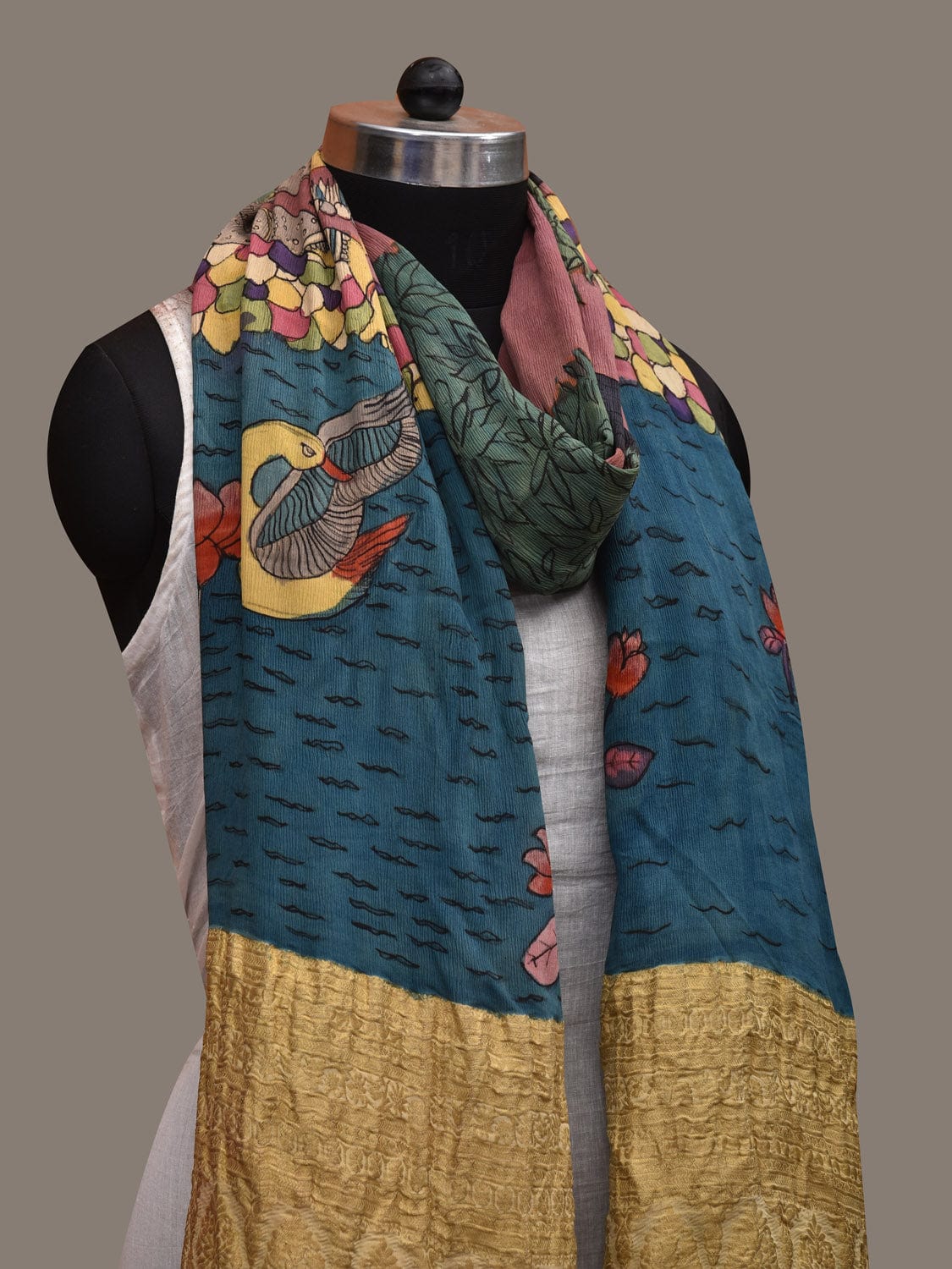 Multicolor Kalamkari Hand Painted Chiffon Dupatta with Lady by the Pond Design ds2925
