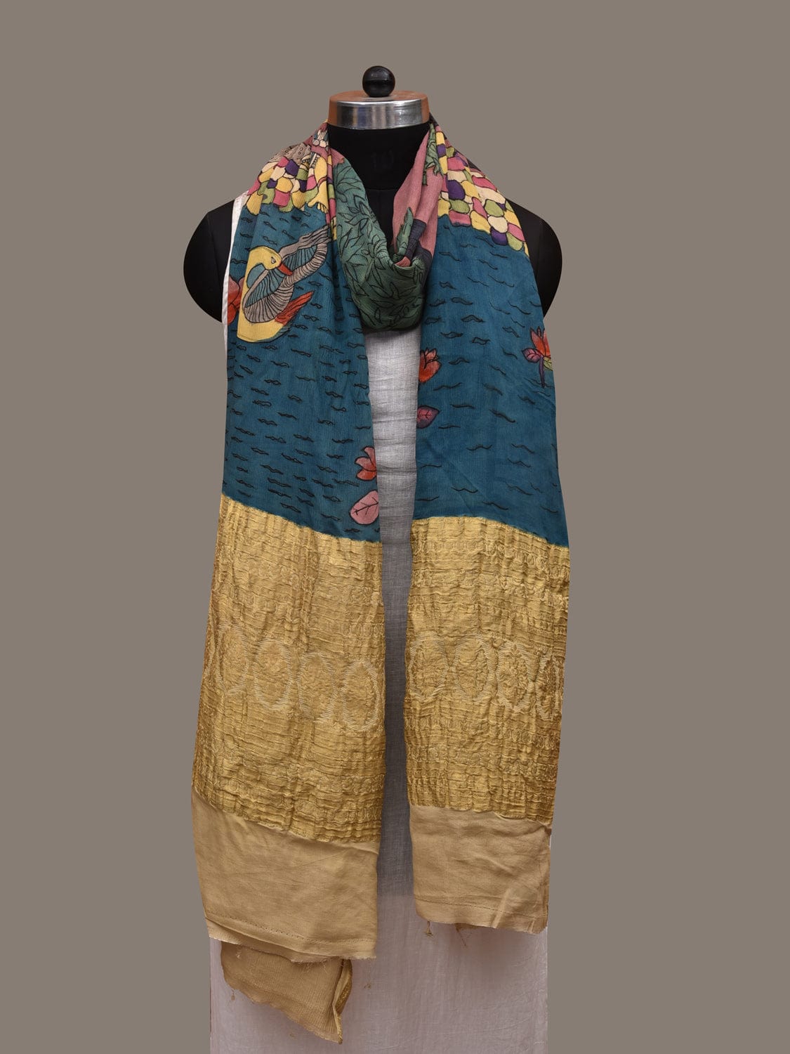 Multicolor Kalamkari Hand Painted Chiffon Dupatta with Lady by the Pond Design ds2925