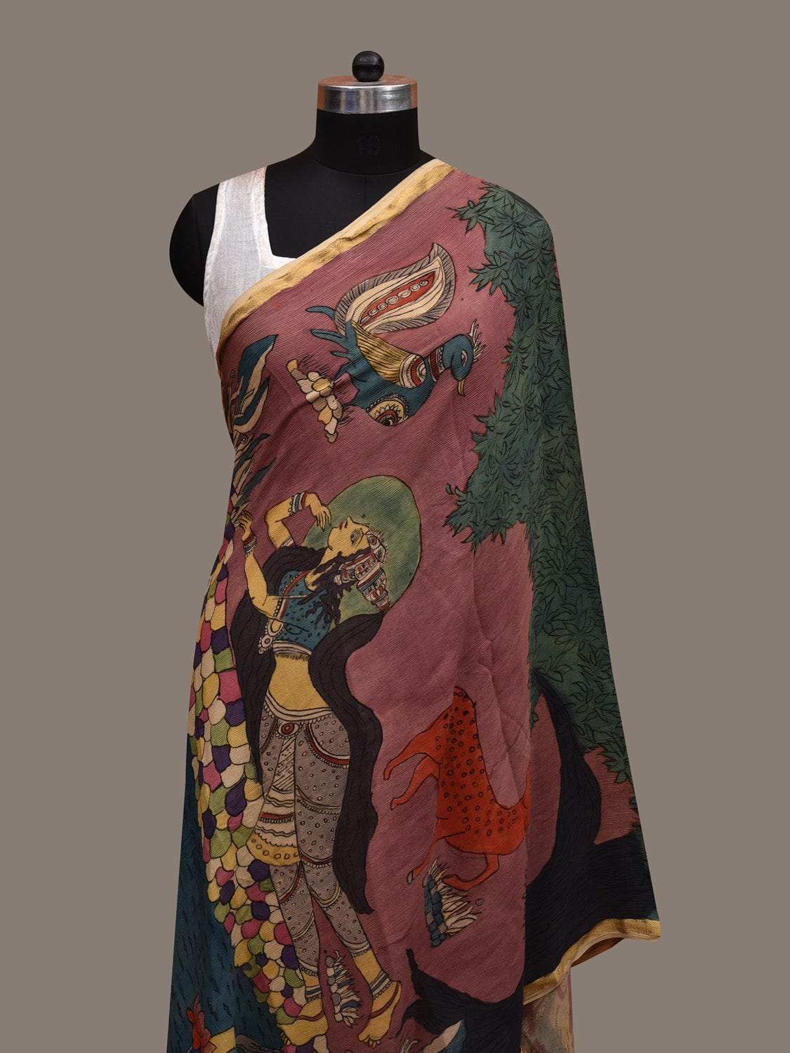 Multicolor Kalamkari Hand Painted Chiffon Dupatta with Lady by the Pond Design ds2925