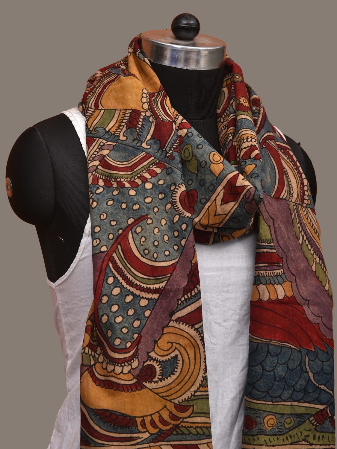 Multicolor Kalamkari Hand Painted Cotton Handloom Dupatta with Saraswati and Zari Border Design ds3111