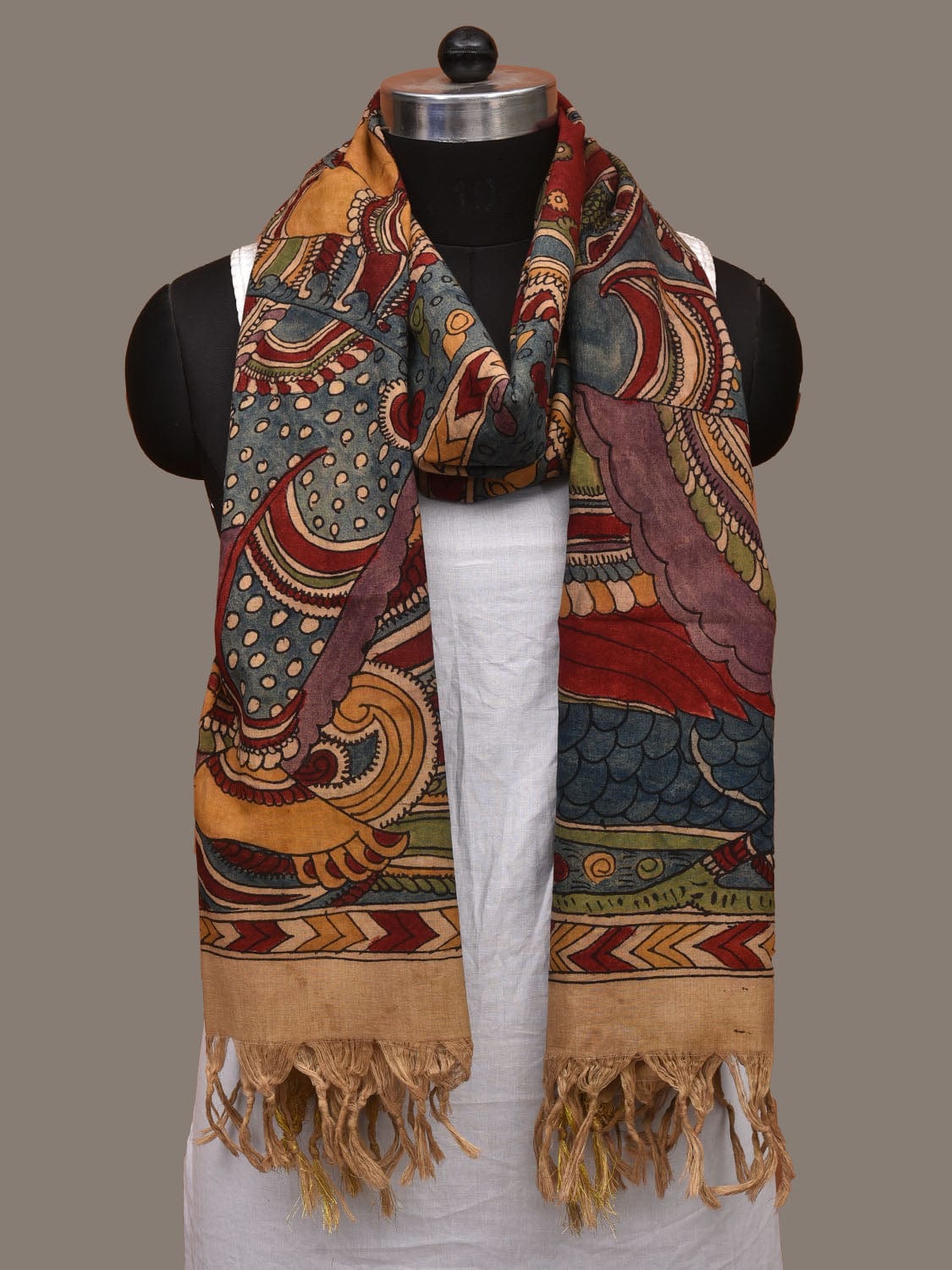 Multicolor Kalamkari Hand Painted Cotton Handloom Dupatta with Saraswati and Zari Border Design ds3111