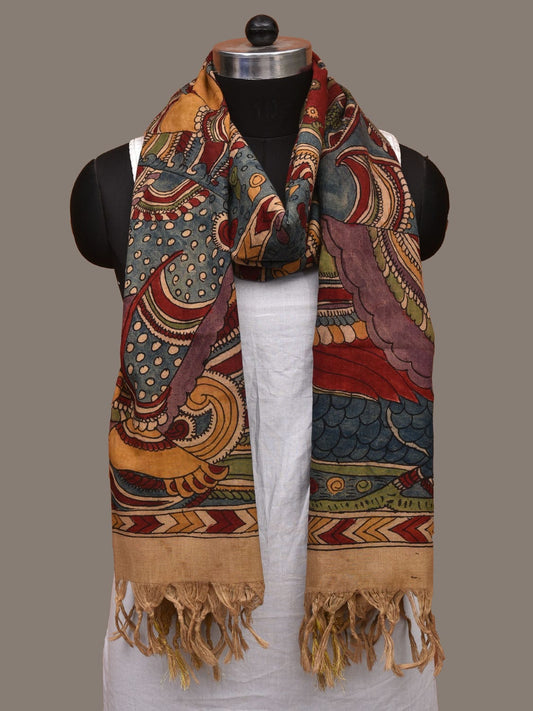 Multicolor Kalamkari Hand Painted Cotton Handloom Dupatta with Saraswati and Zari Border Design ds3111