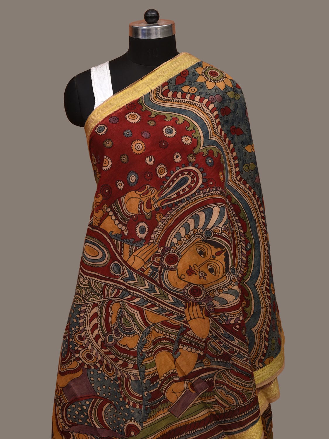 Multicolor Kalamkari Hand Painted Cotton Handloom Dupatta with Saraswati and Zari Border Design ds3111