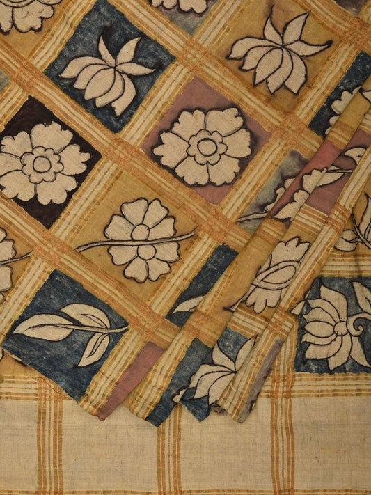 Multicolor Kalamkari Hand Painted Cotton Handloom Saree with Zari Checks Design KL0781