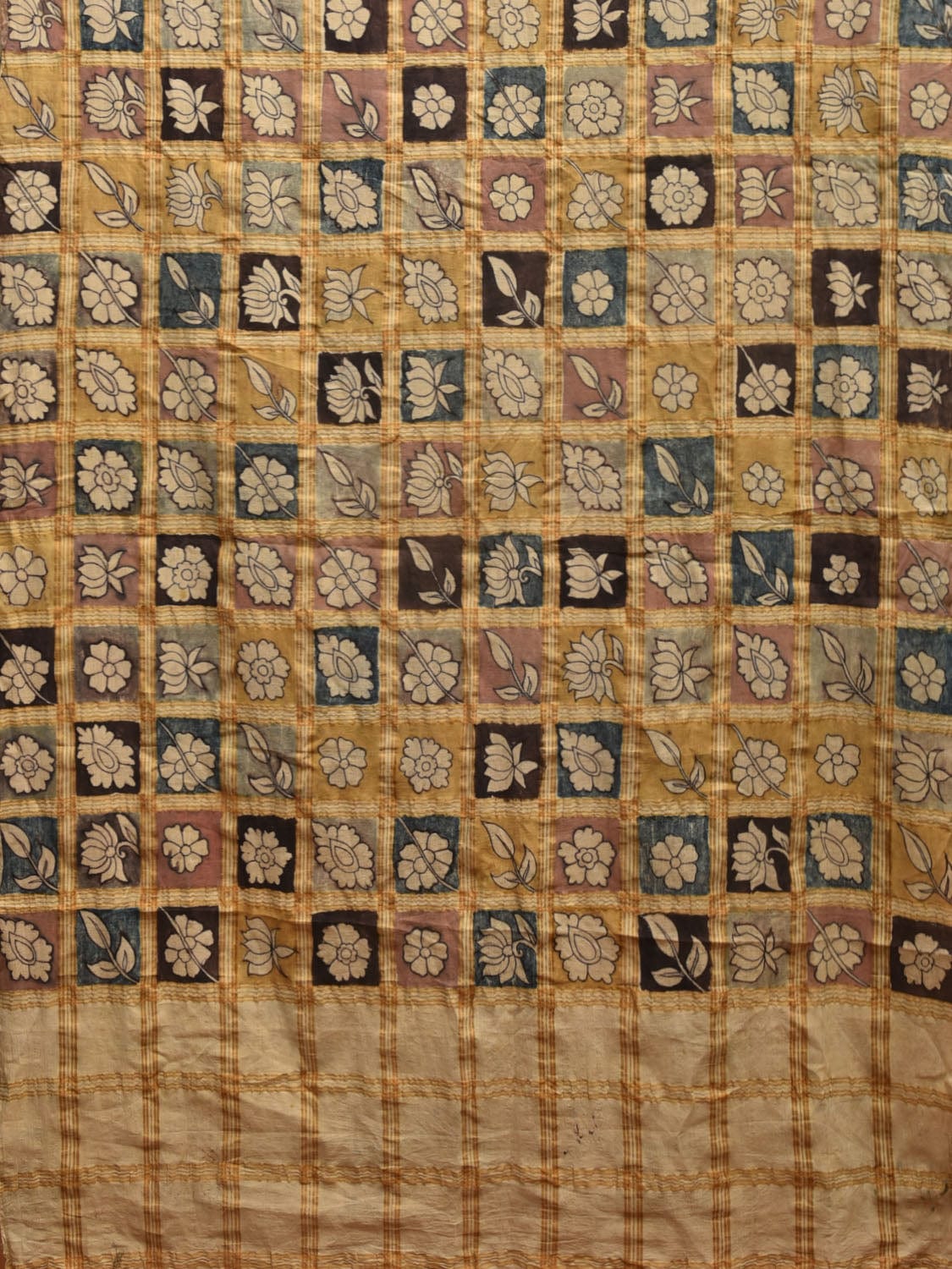 Multicolor Kalamkari Hand Painted Cotton Handloom Saree with Zari Checks Design KL0781