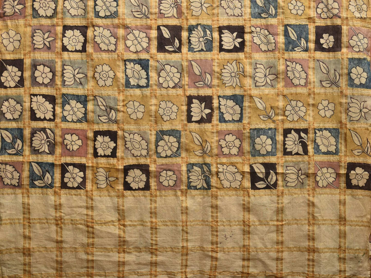 Multicolor Kalamkari Hand Painted Cotton Handloom Saree with Zari Checks Design KL0781