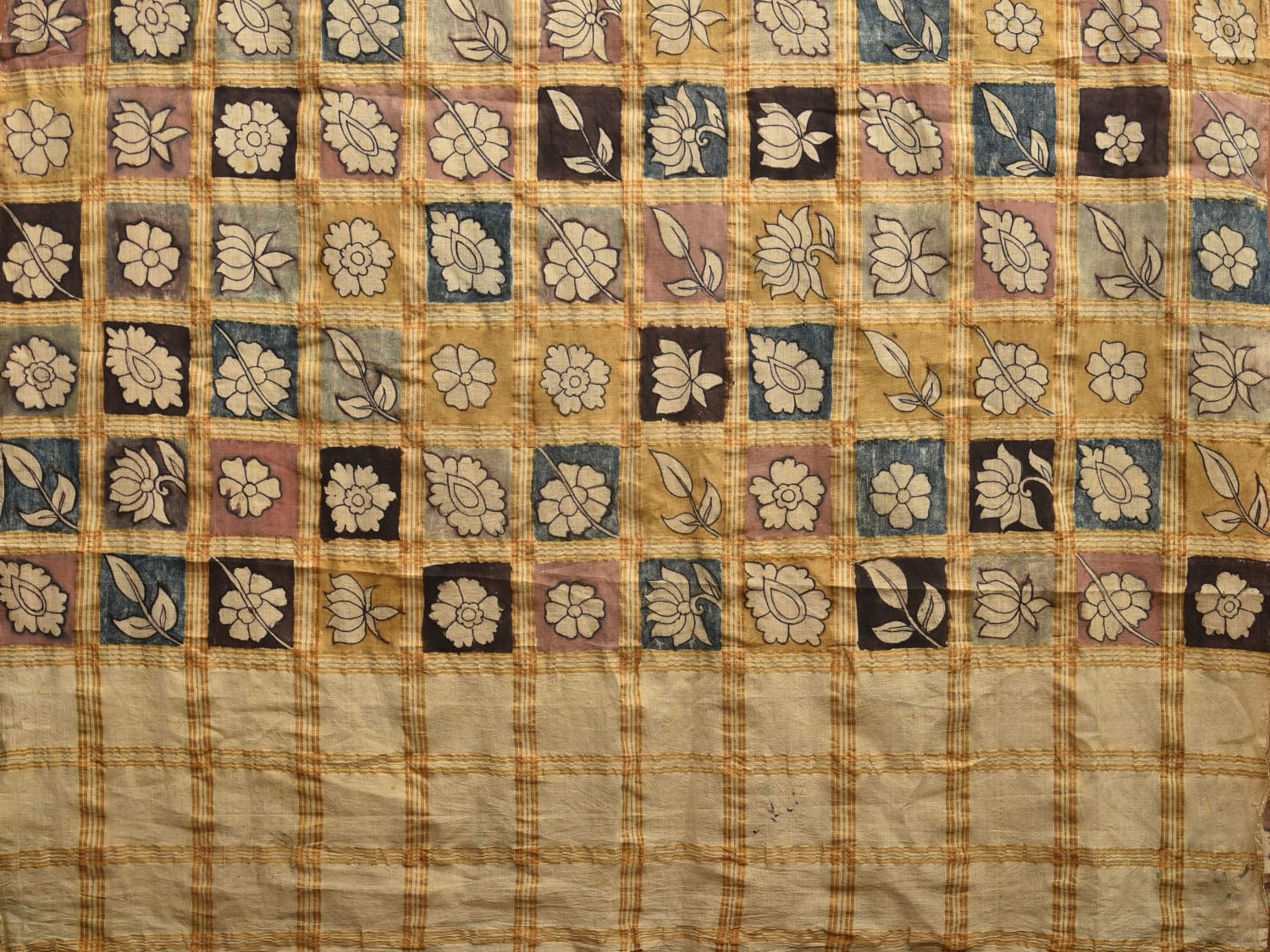 Multicolor Kalamkari Hand Painted Cotton Handloom Saree with Zari Checks Design KL0781