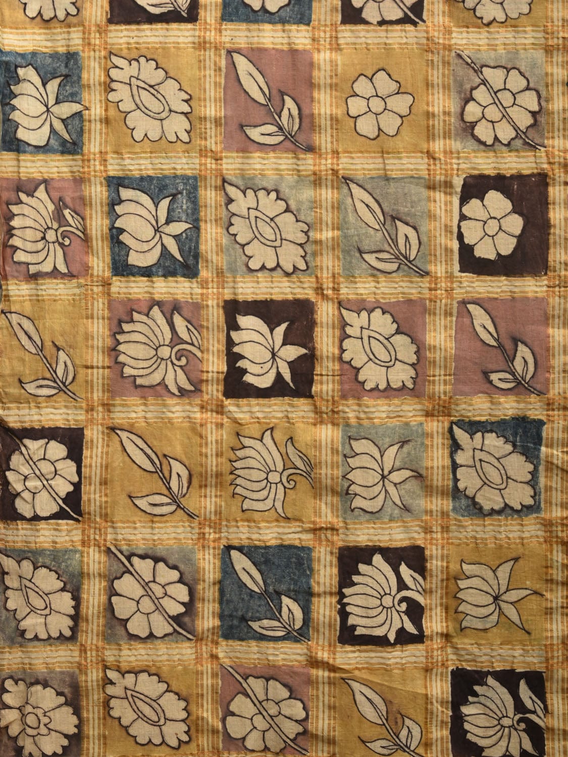 Multicolor Kalamkari Hand Painted Cotton Handloom Saree with Zari Checks Design KL0781