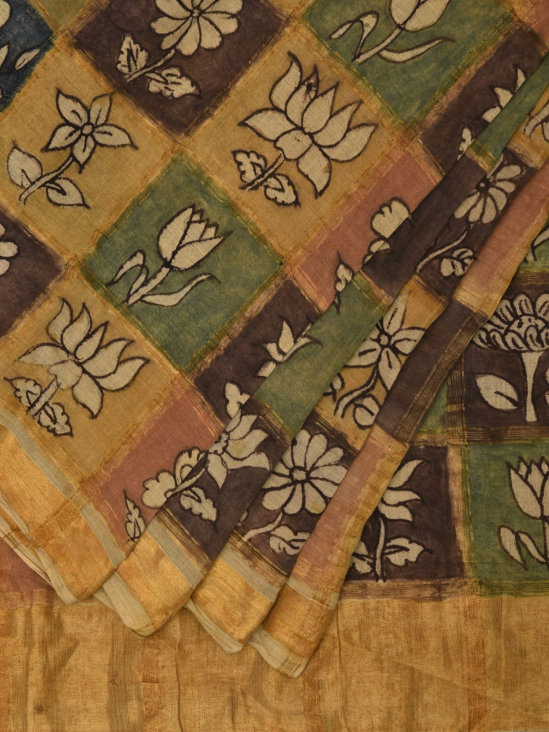 Multicolor Kalamkari Hand Painted Cotton Handloom Saree with Zari Checks Design KL0782