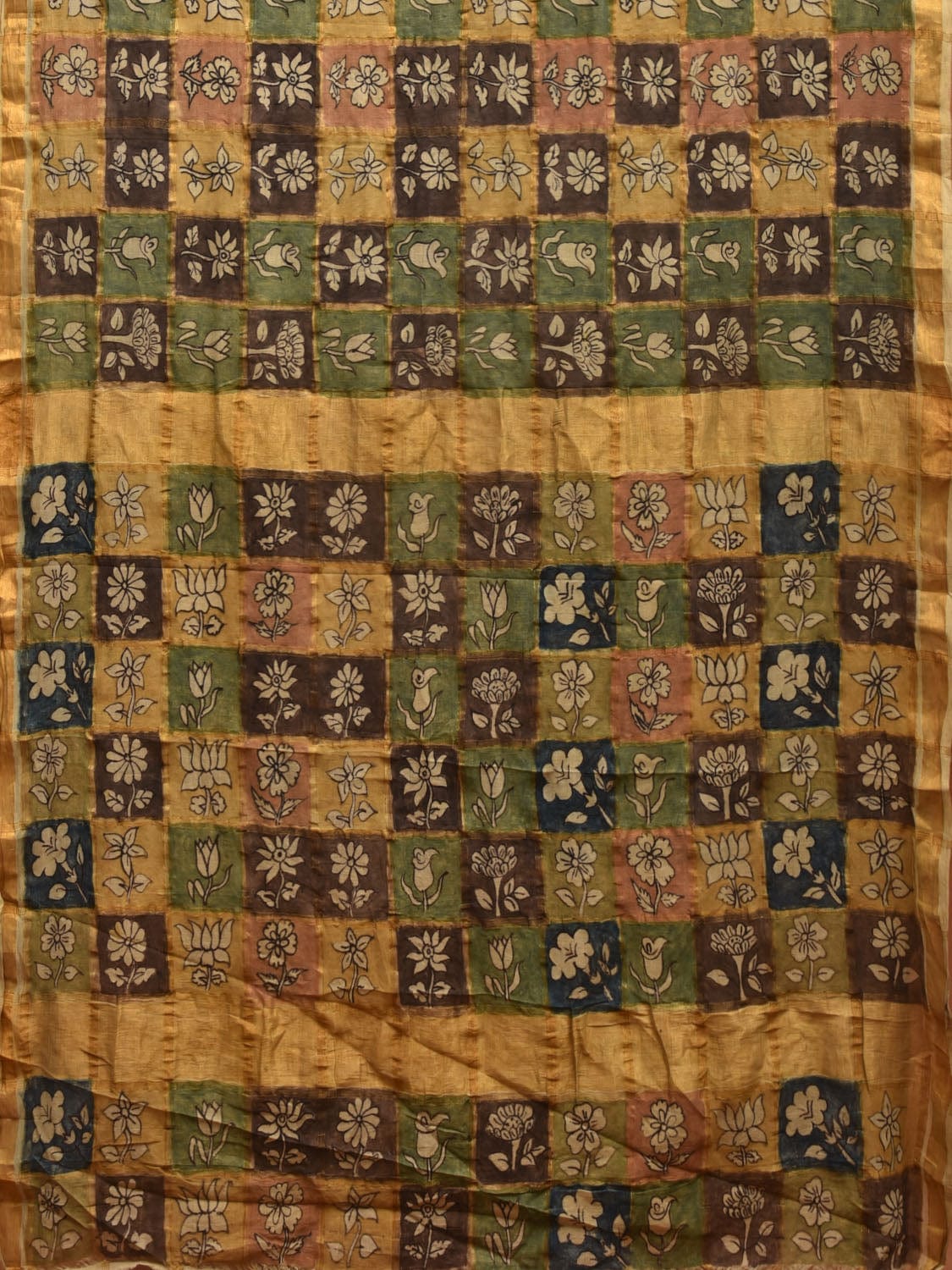 Multicolor Kalamkari Hand Painted Cotton Handloom Saree with Zari Checks Design KL0782