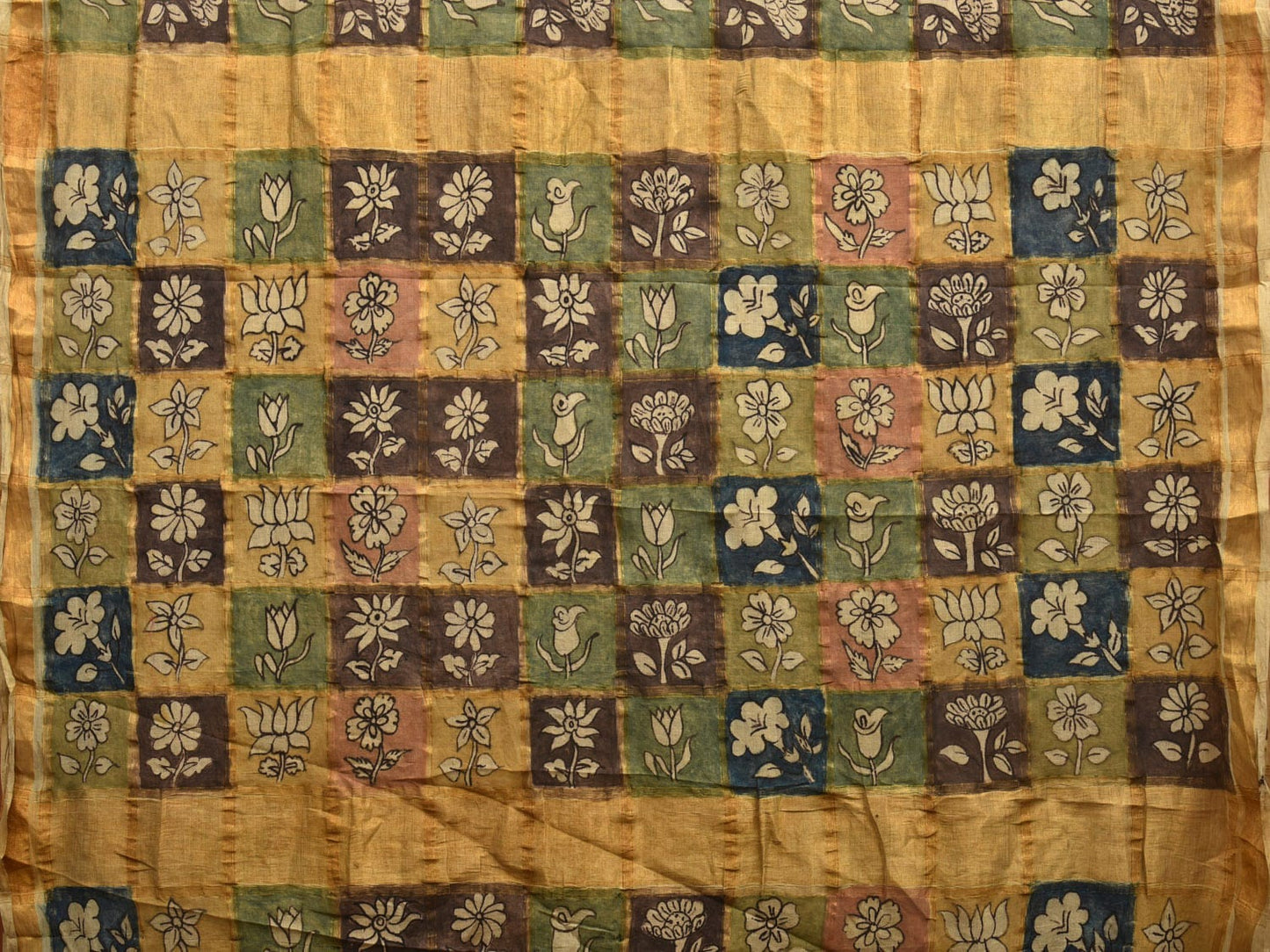 Multicolor Kalamkari Hand Painted Cotton Handloom Saree with Zari Checks Design KL0782