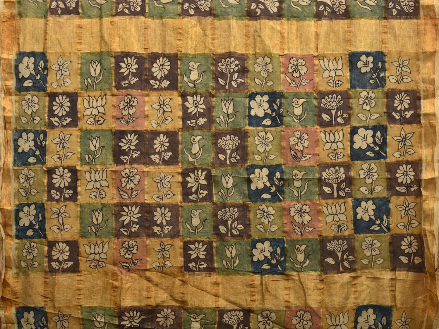 Multicolor Kalamkari Hand Painted Cotton Handloom Saree with Zari Checks Design KL0782