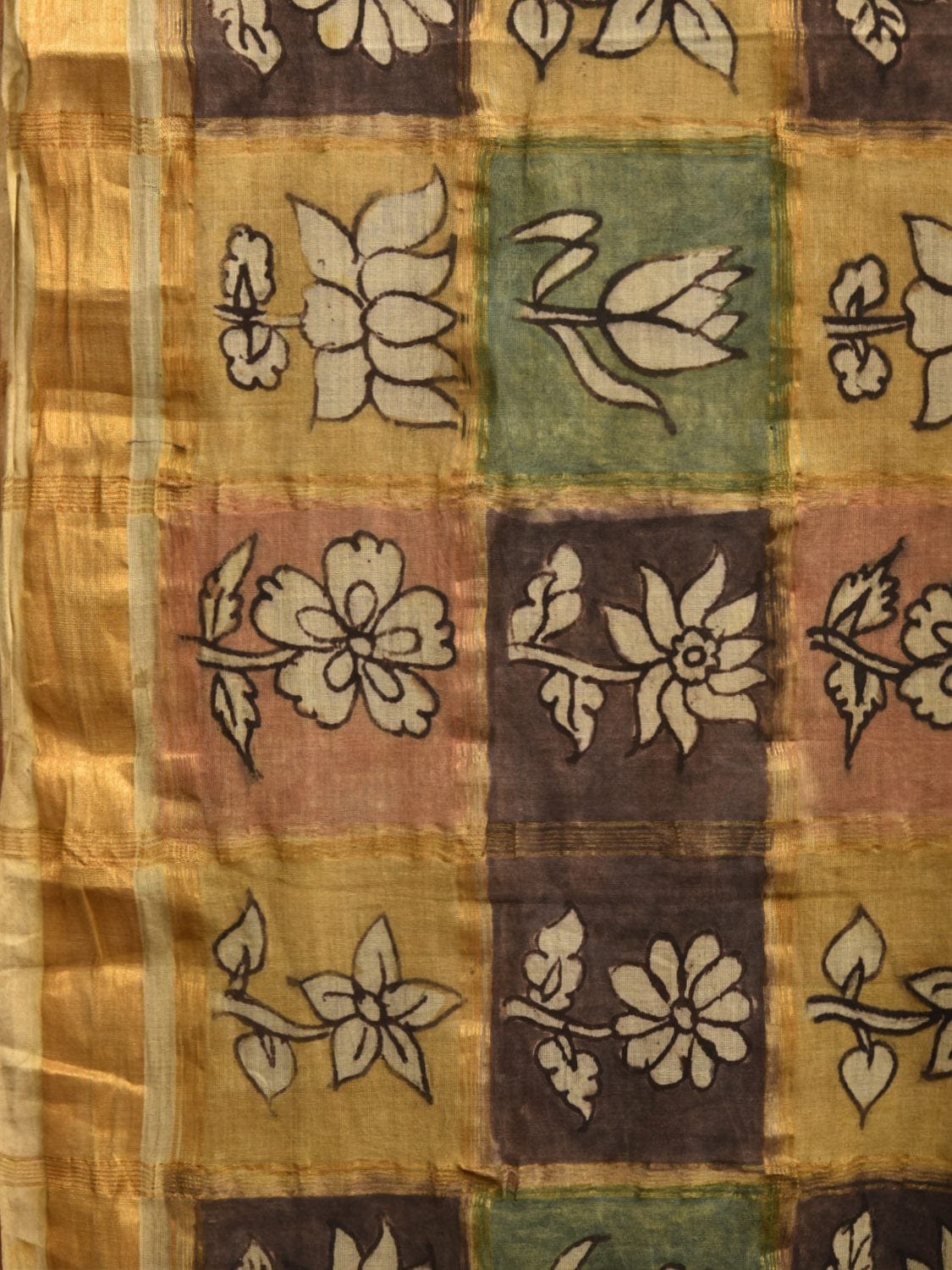 Multicolor Kalamkari Hand Painted Cotton Handloom Saree with Zari Checks Design KL0782