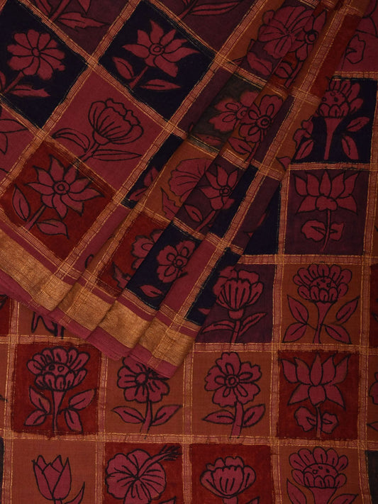 Multicolor Kalamkari Hand Painted Cotton Saree with Checks and Floral Design No Blouse KL0801