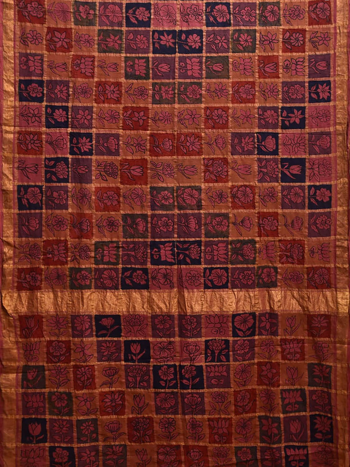 Multicolor Kalamkari Hand Painted Cotton Saree with Checks and Floral Design No Blouse KL0801