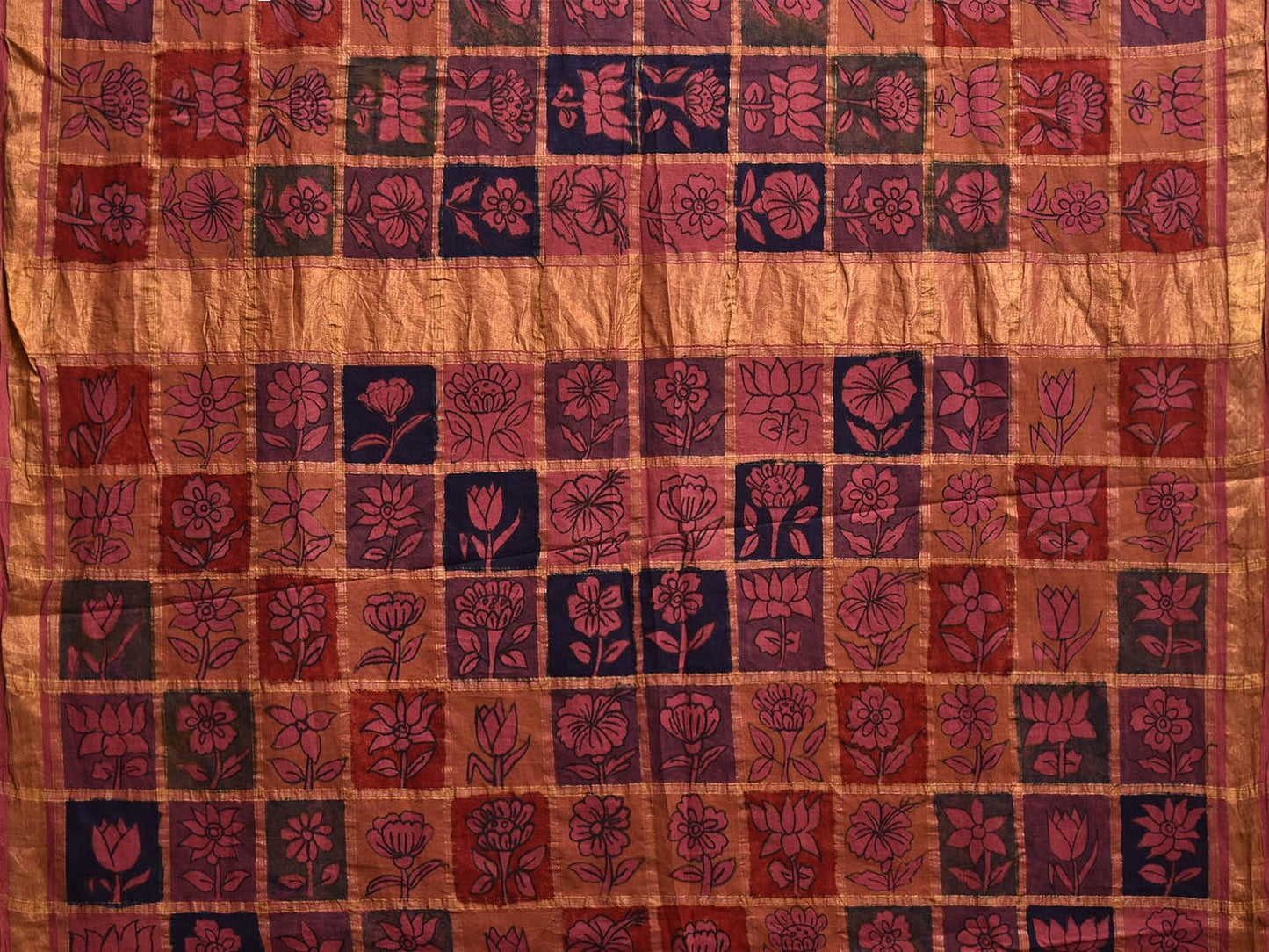 Multicolor Kalamkari Hand Painted Cotton Saree with Checks and Floral Design No Blouse KL0801