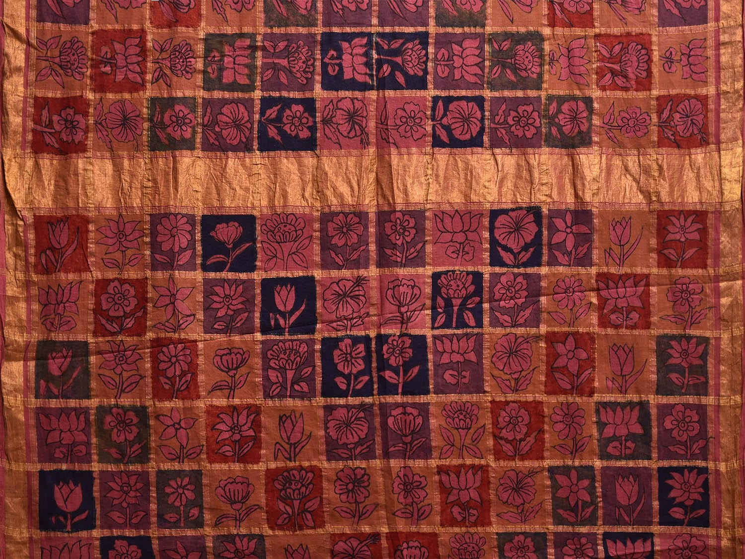 Multicolor Kalamkari Hand Painted Cotton Saree with Checks and Floral Design No Blouse KL0801