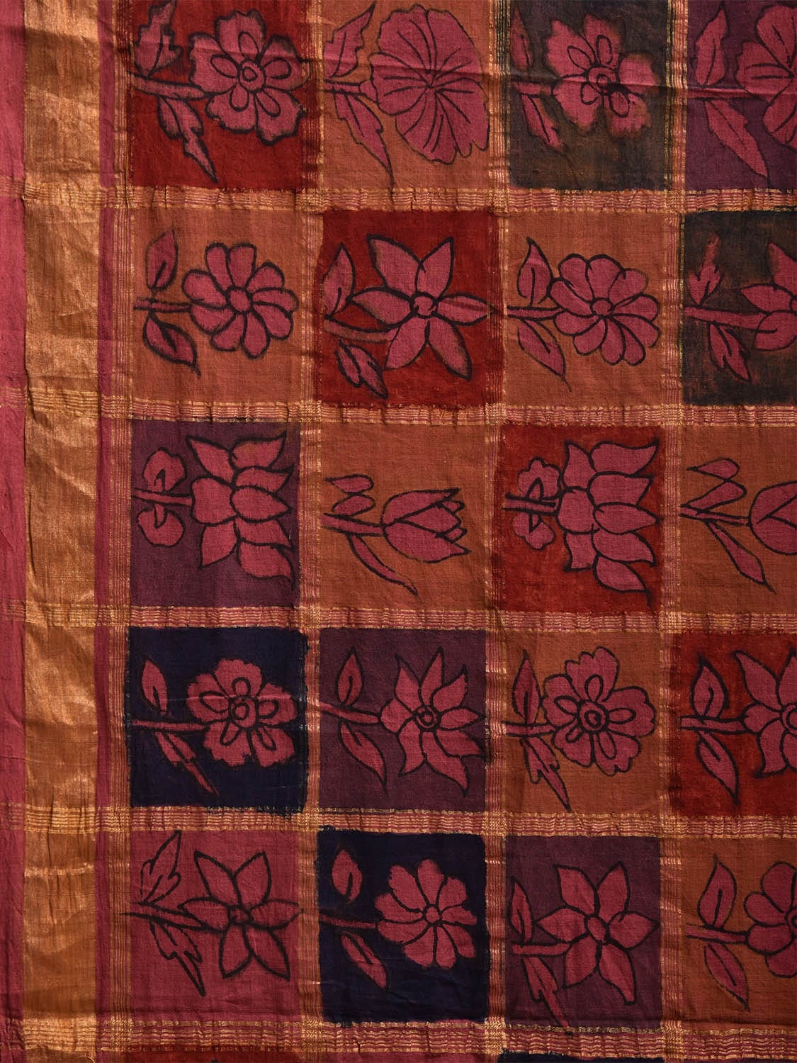 Multicolor Kalamkari Hand Painted Cotton Saree with Checks and Floral Design No Blouse KL0801