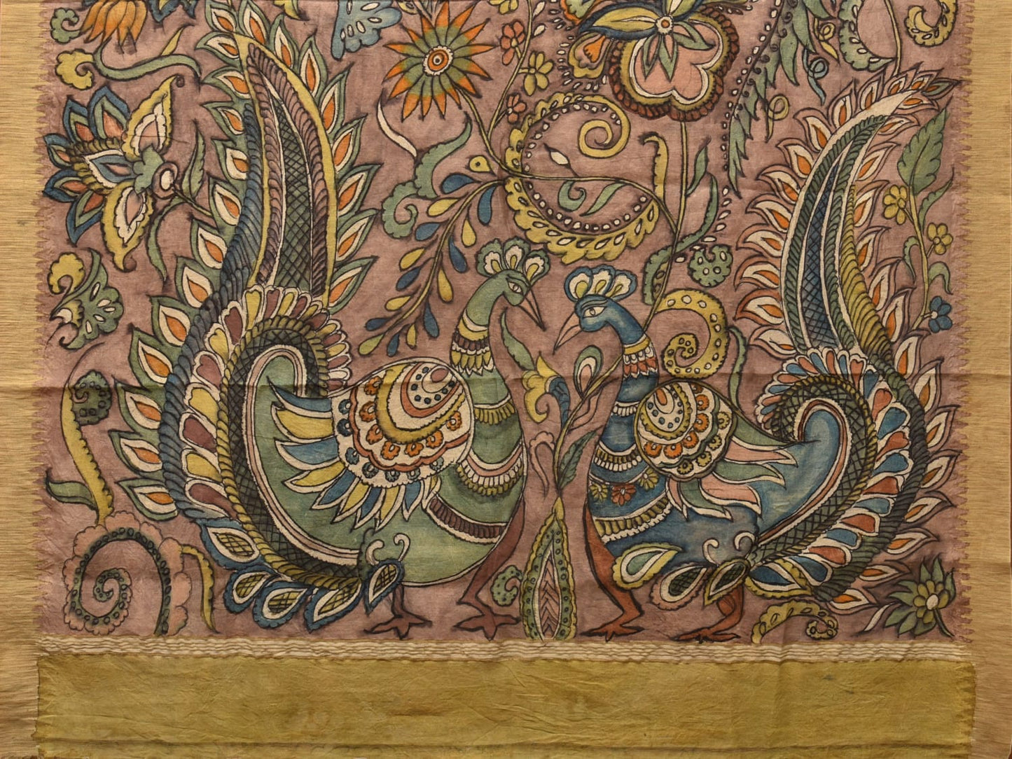 Multicolor Kalamkari Hand Painted Cotton Silk Handloom Saree With Exotic Floral and Peacocks Pallu Design KL0765