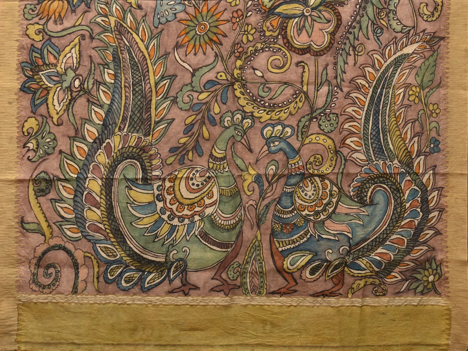 Multicolor Kalamkari Hand Painted Cotton Silk Handloom Saree With Exotic Floral and Peacocks Pallu Design KL0765