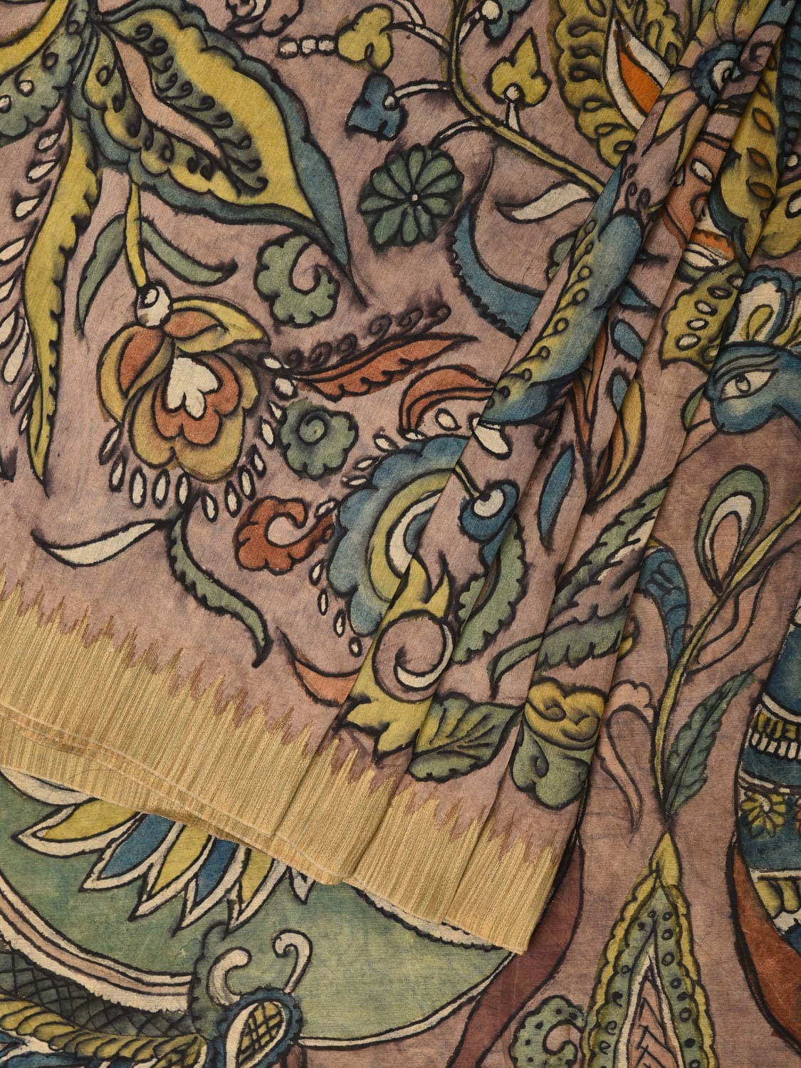 Multicolor Kalamkari Hand Painted Cotton Silk Handloom Saree With Exotic Floral and Peacocks Pallu Design KL0765