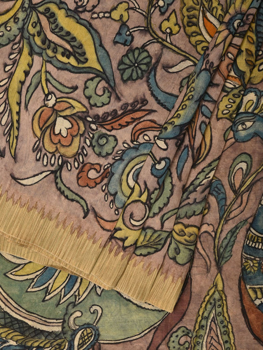 Multicolor Kalamkari Hand Painted Cotton Silk Handloom Saree With Exotic Floral and Peacocks Pallu Design KL0765