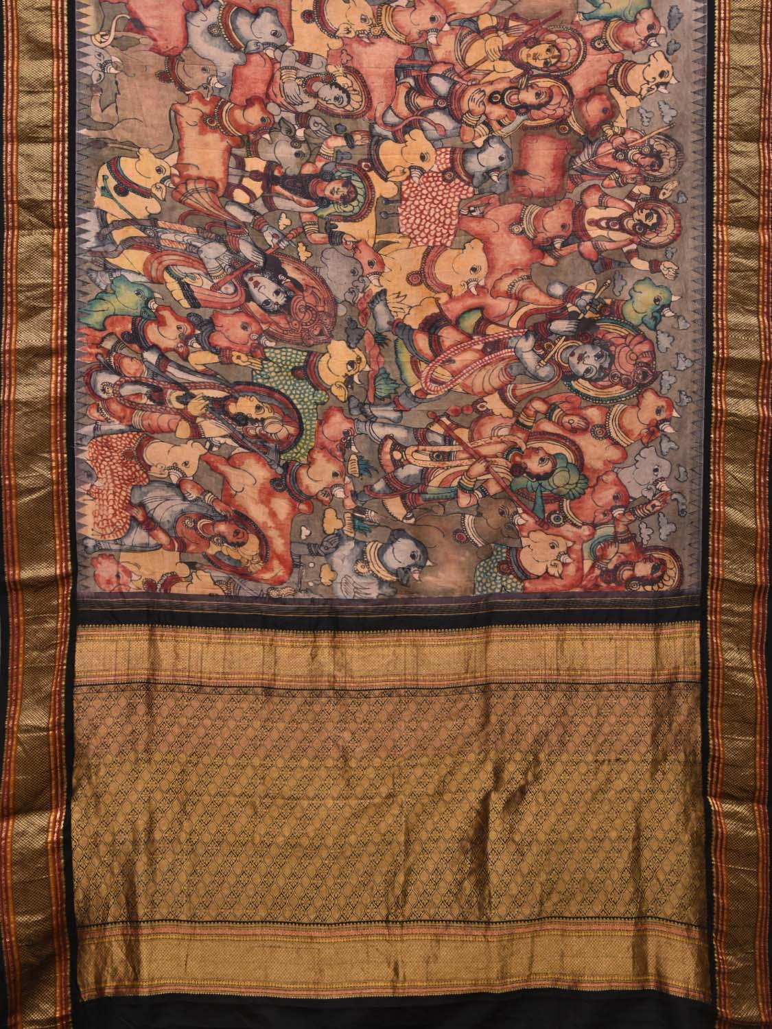 Multicolor Kalamkari Hand Painted Gadwal Silk Handloom Saree with Krishna and Cows Design KL0443
