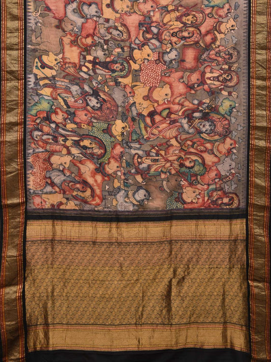 Multicolor Kalamkari Hand Painted Gadwal Silk Handloom Saree with Krishna and Cows Design KL0443