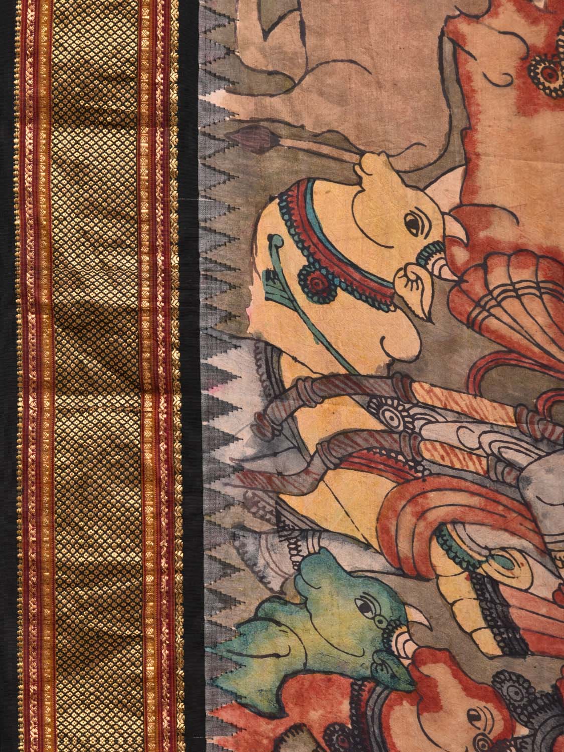 Multicolor Kalamkari Hand Painted Gadwal Silk Handloom Saree with Krishna and Cows Design KL0443