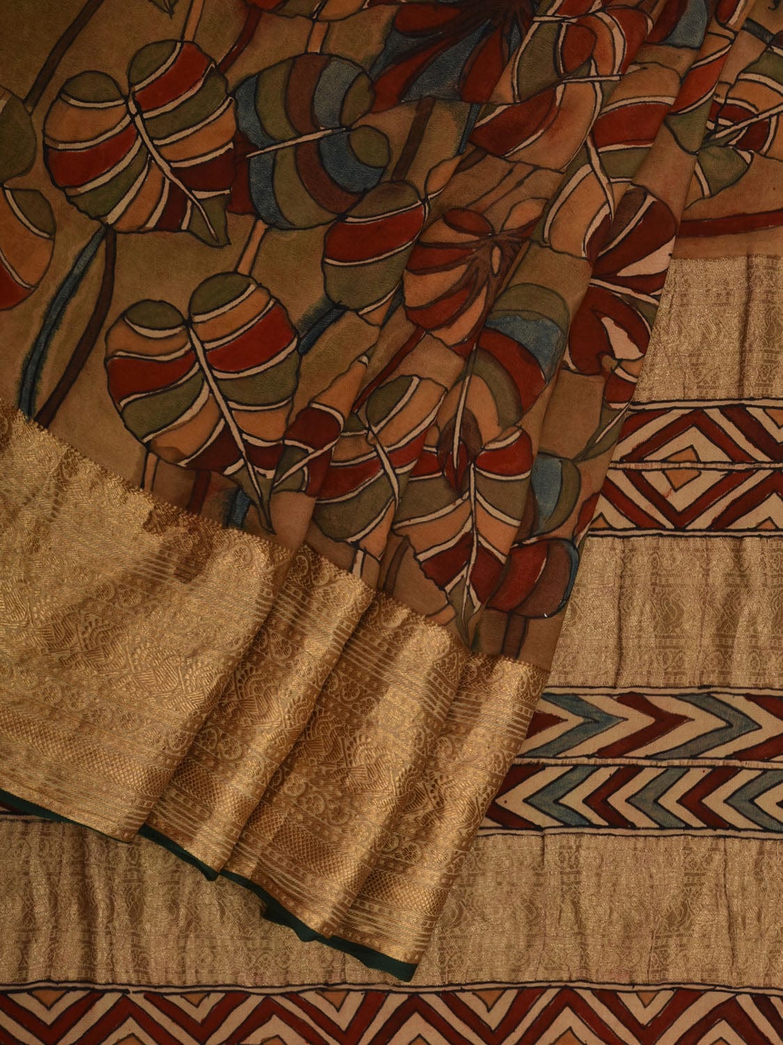 Multicolor Kalamkari Hand Painted Heavy Crepe Saree with Leaves Design KL0683