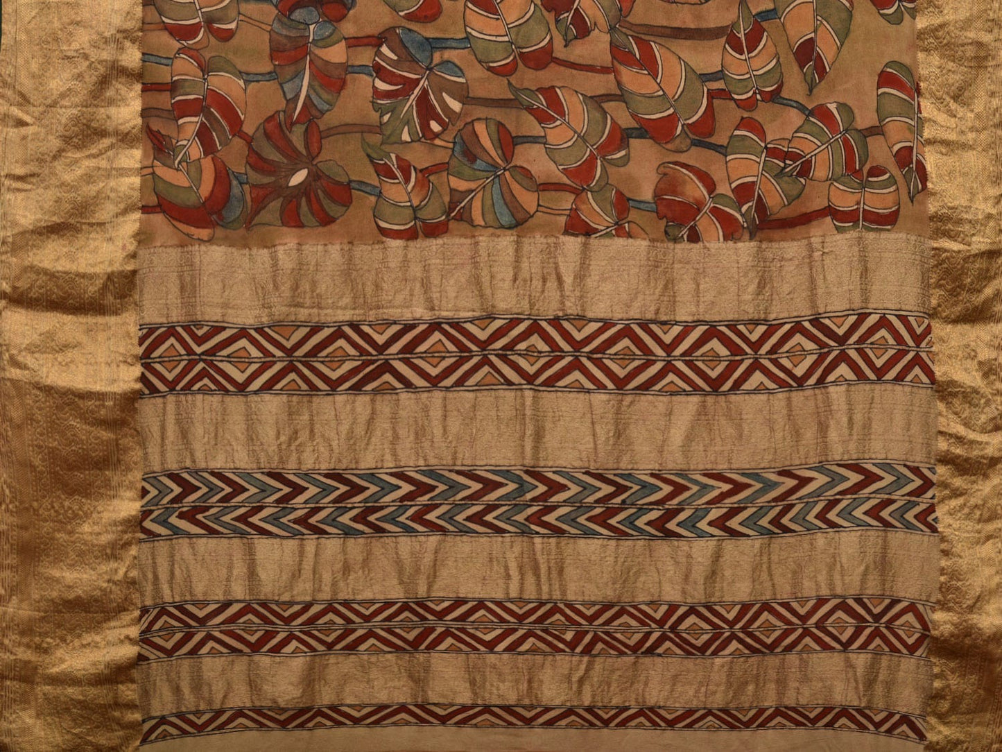 Multicolor Kalamkari Hand Painted Heavy Crepe Saree with Leaves Design KL0683