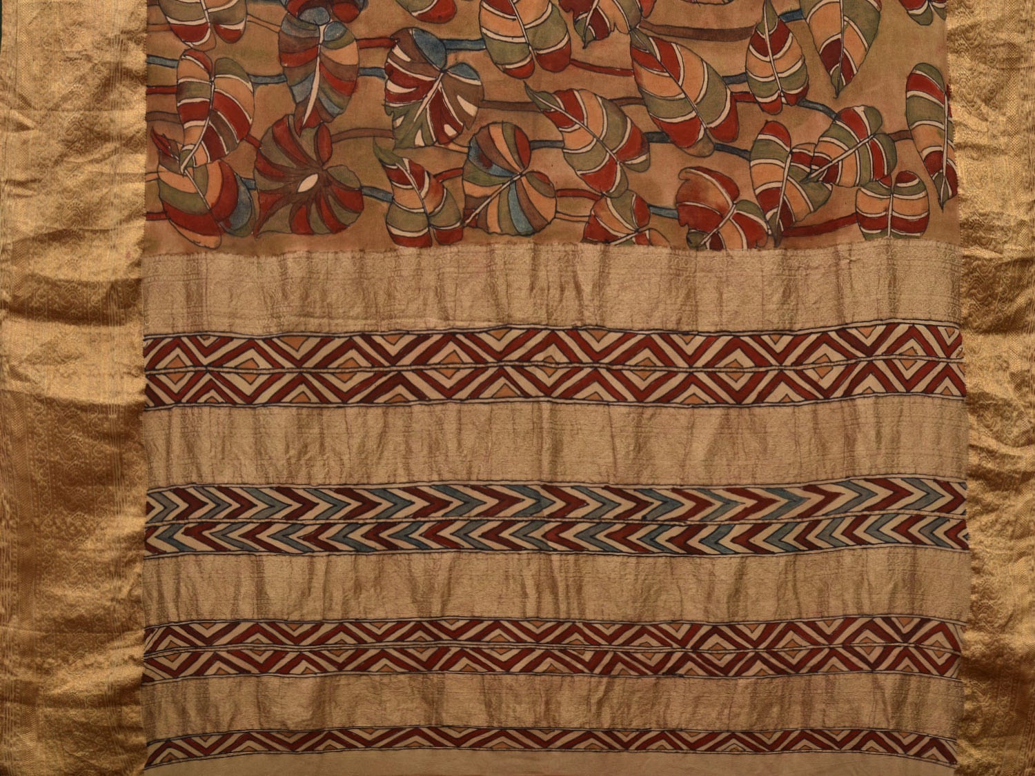 Multicolor Kalamkari Hand Painted Heavy Crepe Saree with Leaves Design KL0683