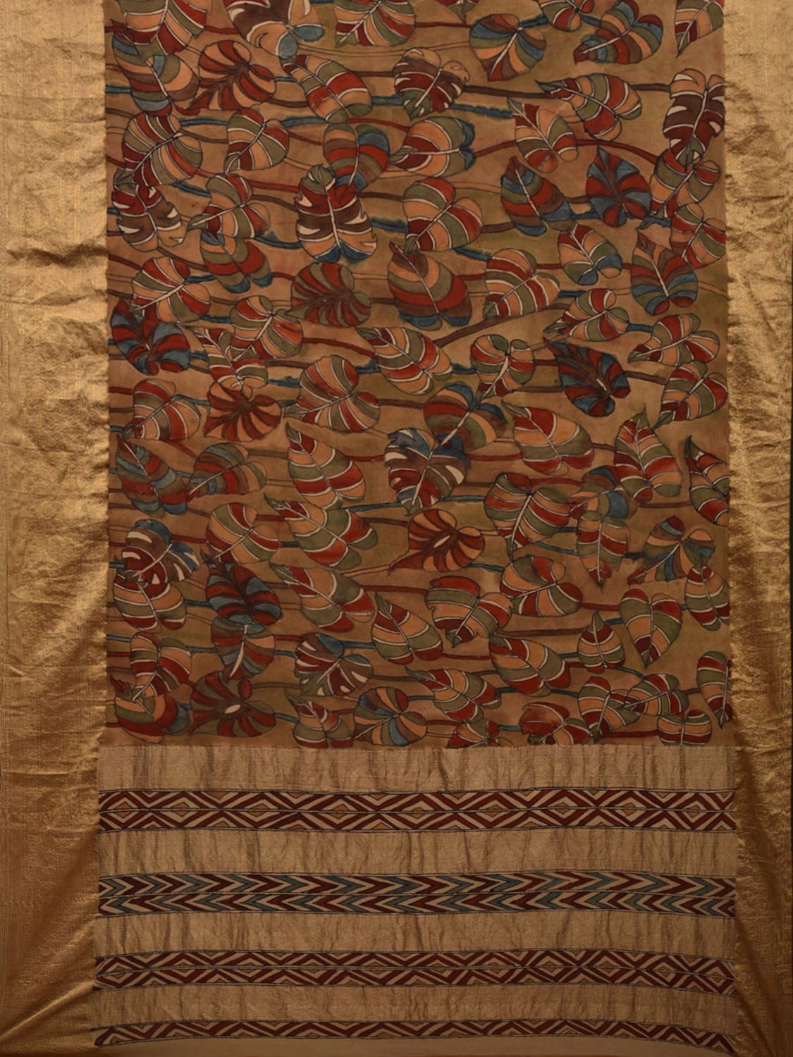 Multicolor Kalamkari Hand Painted Heavy Crepe Saree with Leaves Design KL0683